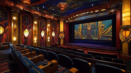 A cinema with a vibrant art deco design featuring bold patterns and rich colors 