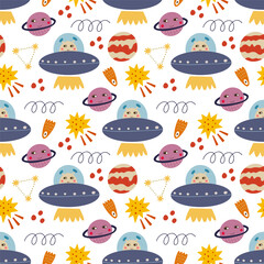Space, aliens, UFO, stars seamless pattern, vector background. Ideal for fabric, textile, baby bedding, wallpaper, pajamas. Scandinavian style.