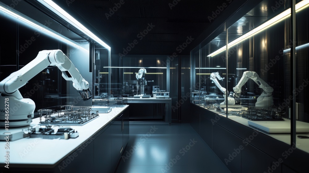 Poster several robotic arms are assembling electronic components on workbenches inside a modern, automated 