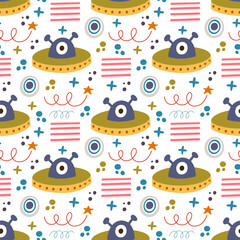Space, aliens, UFO, stars seamless pattern, vector background. Ideal for fabric, textile, baby bedding, wallpaper, pajamas. Scandinavian style.