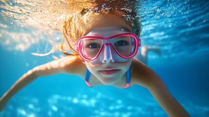 Naklejka premium Underwater portrait of a young girl swimming with pink goggles in crystal clear blue water