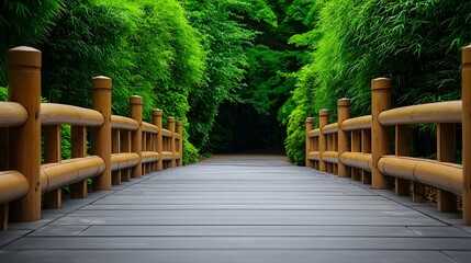 Lush green foliage frames a serene wooden pathway, inviting exploration through a peaceful nature setting.