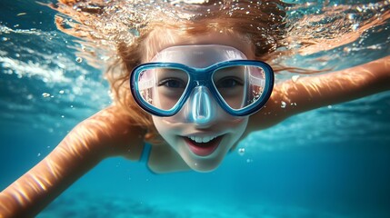 Naklejka premium Smiling girl underwater wearing goggles in clear blue water during a swimming adventure