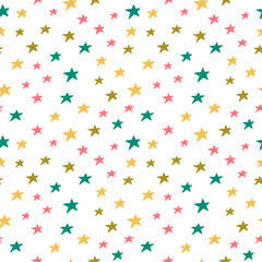 Colored stars on a white background. Children's seamless pattern, vector background. Ideal for fabric, textile, children's bedding, wallpaper, pajamas. Scandinavian style.