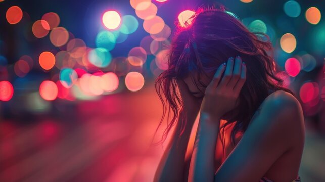 Upset woman hiding face, city night bokeh.