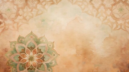 Divine Islamic Ornamental Background with Blue and White Geometric Arabesques and Gold Trim