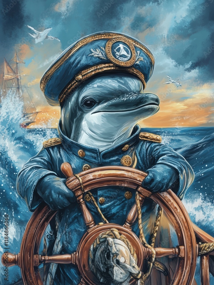 Poster dolphin dressed as a ship captain steering a ships wheel in the open ocean during a bright sunny day