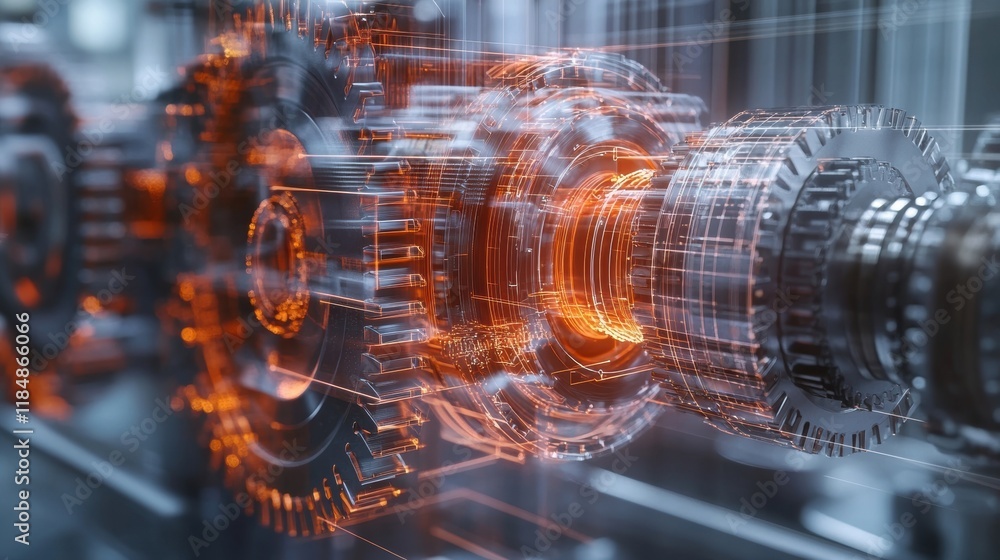 Poster complex interconnected gears are rotating, showcasing a futuristic visualization of a manufacturing 