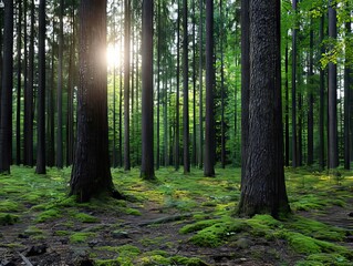 Obraz premium A forest filled with lots of tall trees and green moss