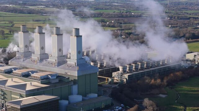 Aerial view of large power station in the United Kingdom. Power grid concept
