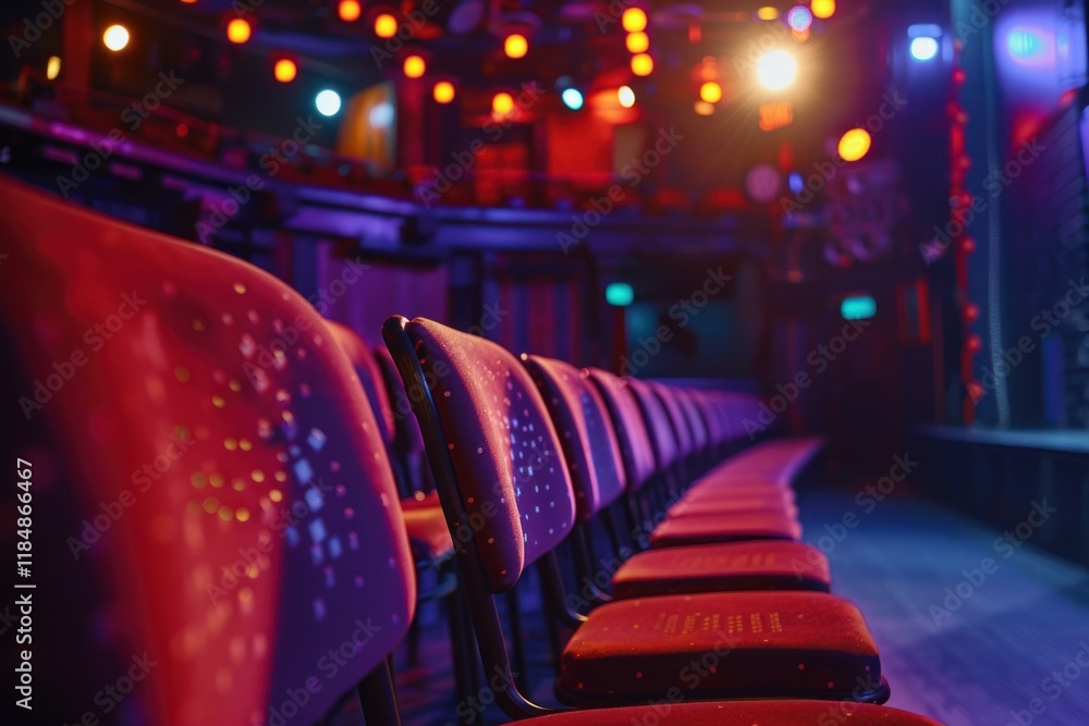 Poster rows of empty red velvet seats illuminated by dramatic lighting in an empty theatre, creating an evo
