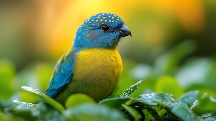Obraz premium Vibrant blue and yellow parrot perched on lush green foliage at sunrise.