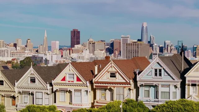 Timeless Charm: Aerial Shot of the Painted Ladies with Downtown San Francisco in the Background