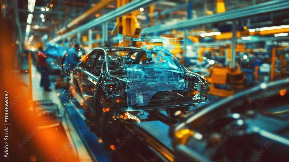 Poster car body moving along assembly line showing augmented reality in a modern automated car factory manu