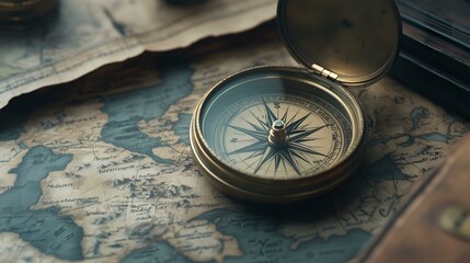 Vintage compass resting on an old world map symbolizing exploration and navigation