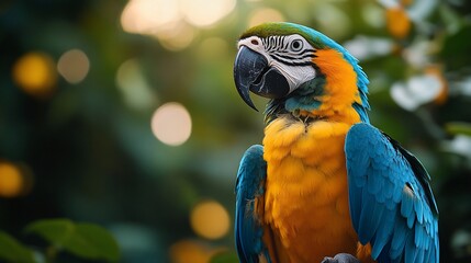 Obraz premium Vibrant blue-and-gold macaw parrot perched on a branch, surrounded by lush green foliage.