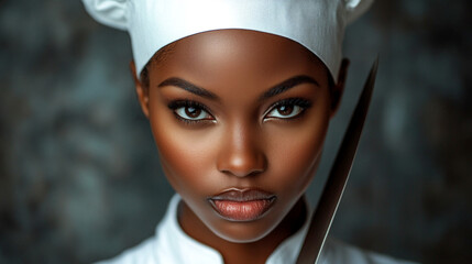 Portrait of a confident female chef in a white uniform and hat holding a knife, with intense focus and determination in her eyes, against a blurred dark background