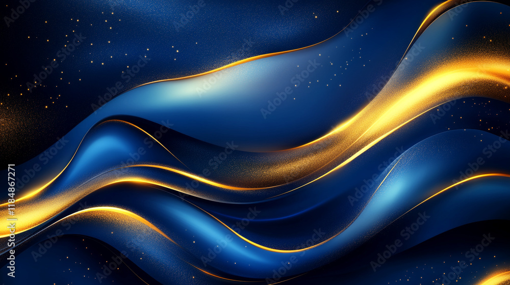 Poster flowing waves of blue and gold create a mesmerizing abstract design in smooth curves