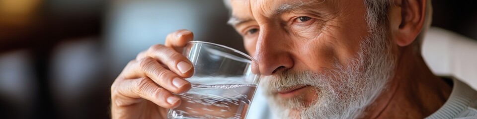 A man is drinking water from a glass. He has a beard and a mustache. The man is looking at the camera