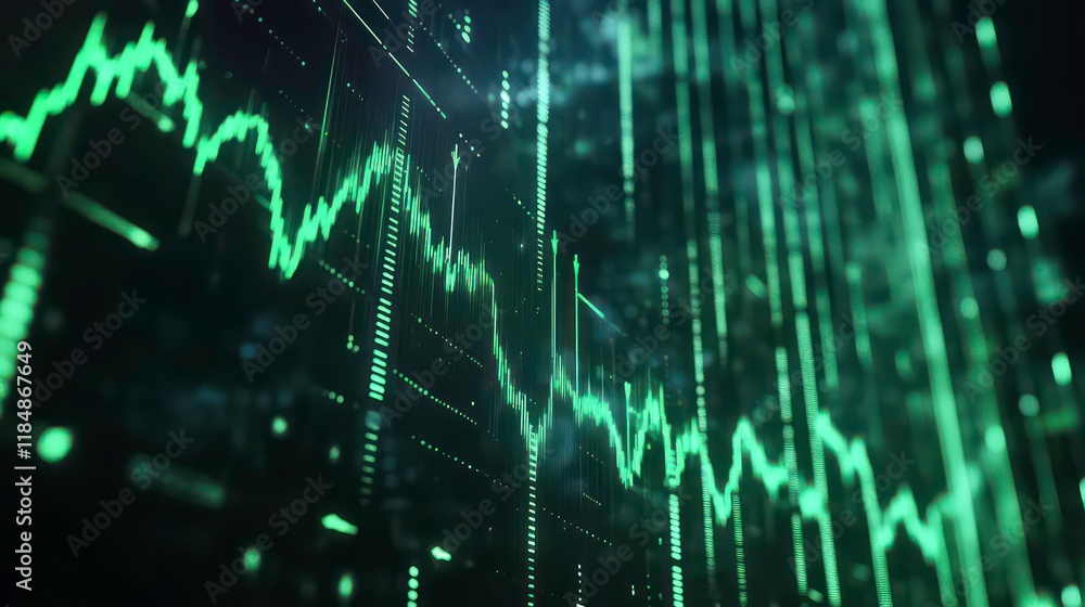 Poster abstract green digital stock market chart data on a screen.
