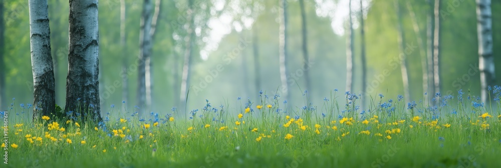 Poster a lush green field with a tree in the foreground and a beautiful field of flowers in the background.