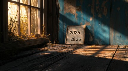 Obraz premium Sunlit rustic room, plants, wooden floor, 2025 sign.