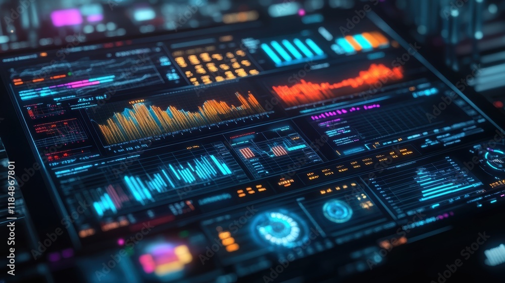 Poster futuristic control panel showing various colorful charts, graphs, and data visualizations, suggestin