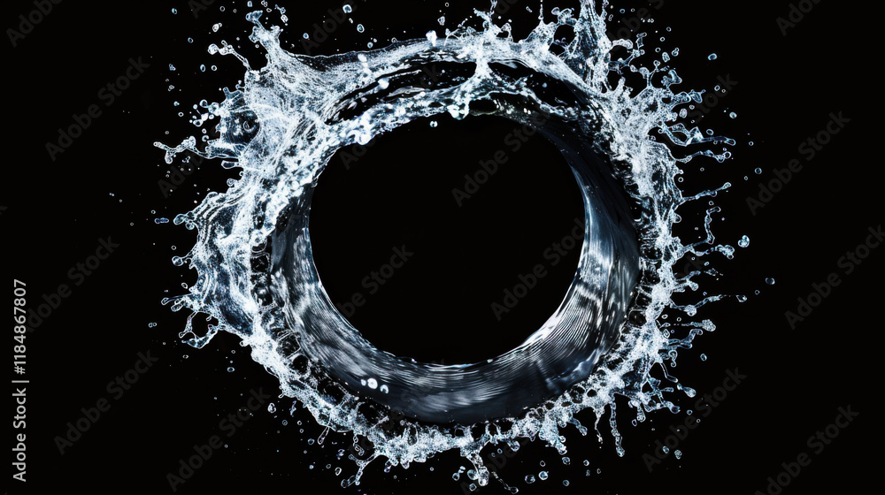 Poster water splash creates a circular motion against a black background showcasing dynamic fluidity and en