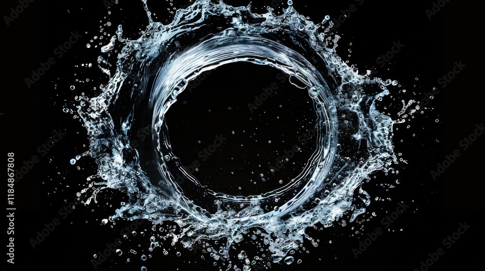 Poster water splash creates a circular motion against a black background showcasing dynamic fluidity and en