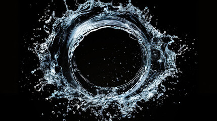Water splash creates a circular motion against a black background showcasing dynamic fluidity and energy