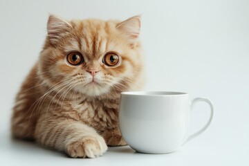 Adorable ginger kitten looks intently at a white mug.