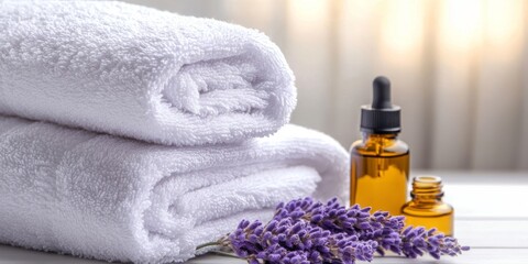 Stack of Towels and Essential Oils Spa Concept