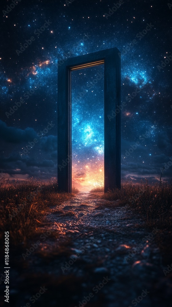 Aufkleber in a calm field illuminated by a celestial glow, a mystical door emerges, bridging the earthly realm