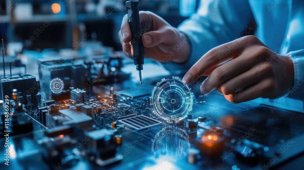 Poster electronic engineer using a screwdriver to repair a circuit board, with a futuristic heads up displa