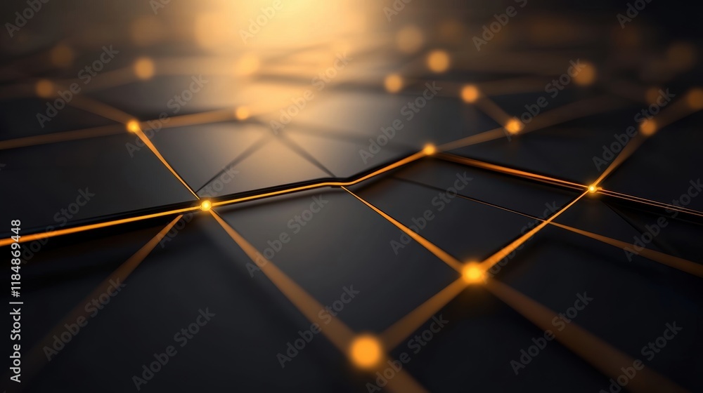 Poster glowing abstract network grid with orange and black geometric patterns