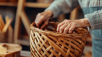 Elderly Woman Weaving Baskets in Cozy Workshop