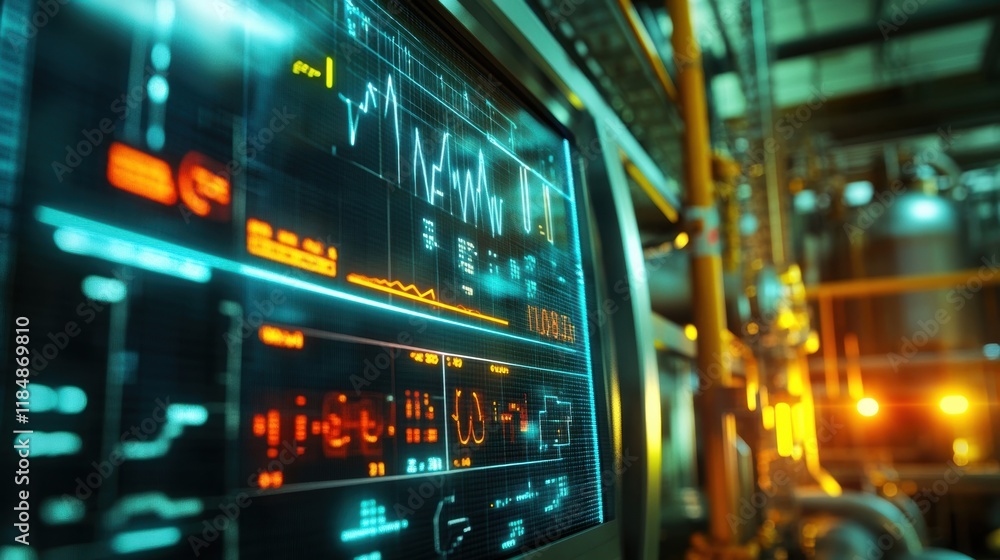 Poster futuristic digital screen displaying various graphs, data, and indicators within a blurred industria