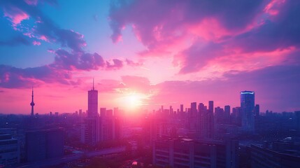 Fototapeta premium Vibrant pink and blue sunset over a modern city skyline.