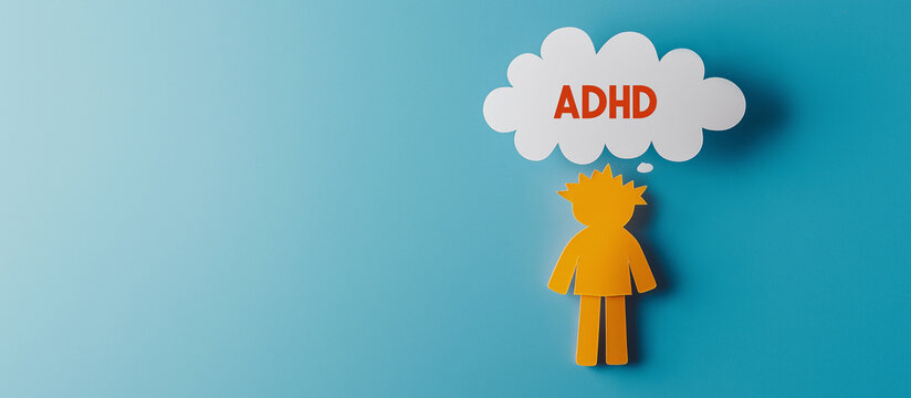 ADHD word inside a speech bubble with paper child on blue background with copy space. Concept of neurodiversity and attention deficit hyperactivity disorder, banner for World ADHD Awareness Day