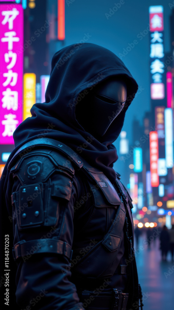 Poster an ai-controlled character dressed as an assassin with stealth capabilities, standing in a vibrant c