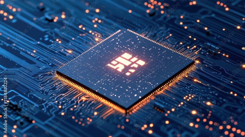 Poster close up of a cpu processing a 5g signal, glowing on a complex motherboard, showcasing the power of 