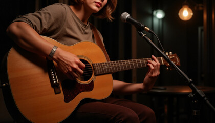 Obraz premium Woman playing guitar on cafe stage in dim light, celebration of music