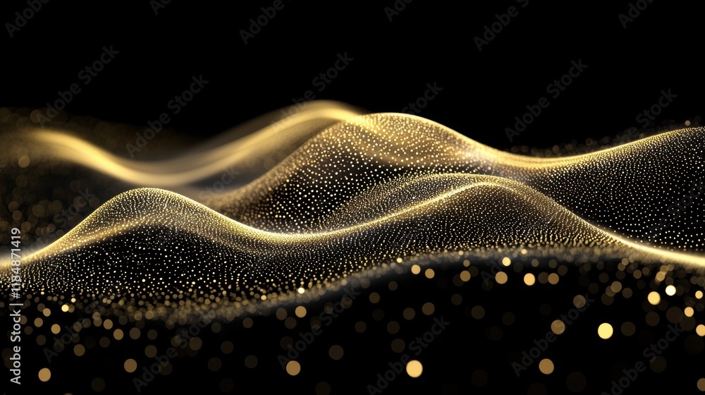 Poster golden particle waves in motion on a black background
