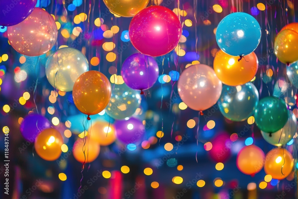 Poster colorful balloons and twinkling lights create a festive atmosphere for joyful celebrations and parti