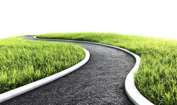 A winding asphalt road with white lines runs through a field of lush green grass.