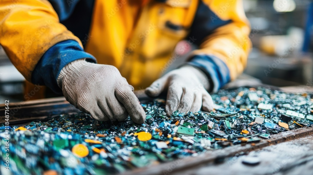 Poster gloved hands sorting through a pile of discarded electronic components, highlighting the process of 