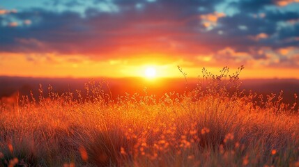 Obraz premium Vibrant sunset over a field of tall grass, showcasing warm colors and dramatic sky. (1)