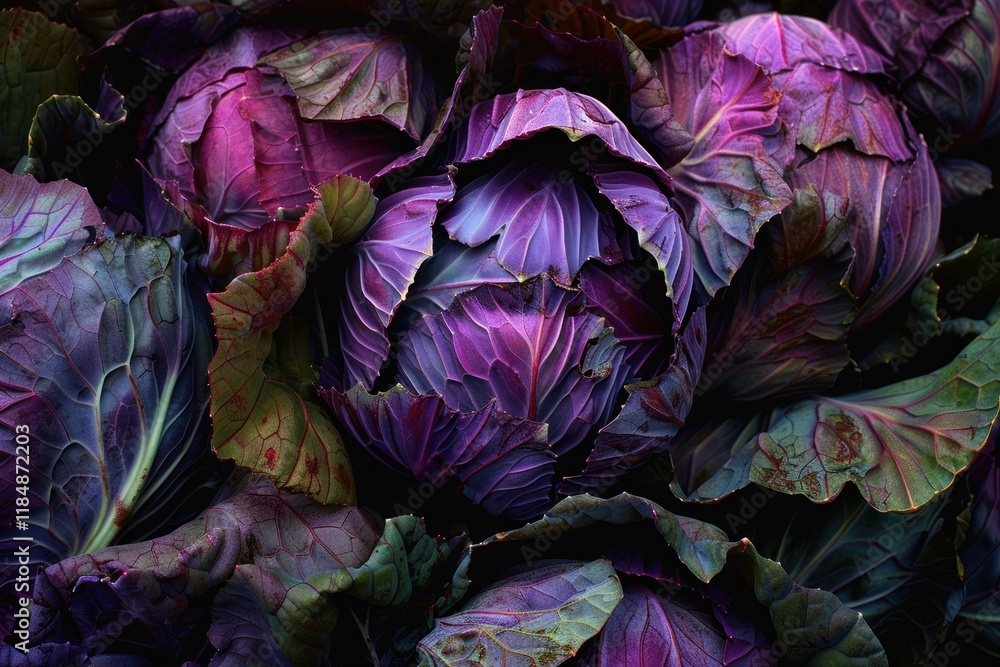 Poster close up of vibrant purple red cabbage heads growing in a farm field, creating a textured pattern of