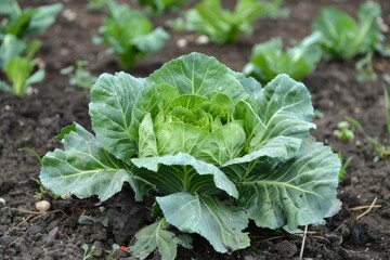 Naklejka premium Close up of a vibrant green cabbage growing in a vegetable garden, surrounded by dark, fertile soil and other young plants