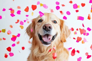 Golden Retriever in heart confetti